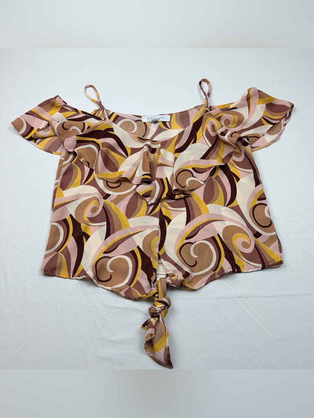 Sweet Rain Pink Brown Yellow Swirl Ruffle Tie-Front Blouse